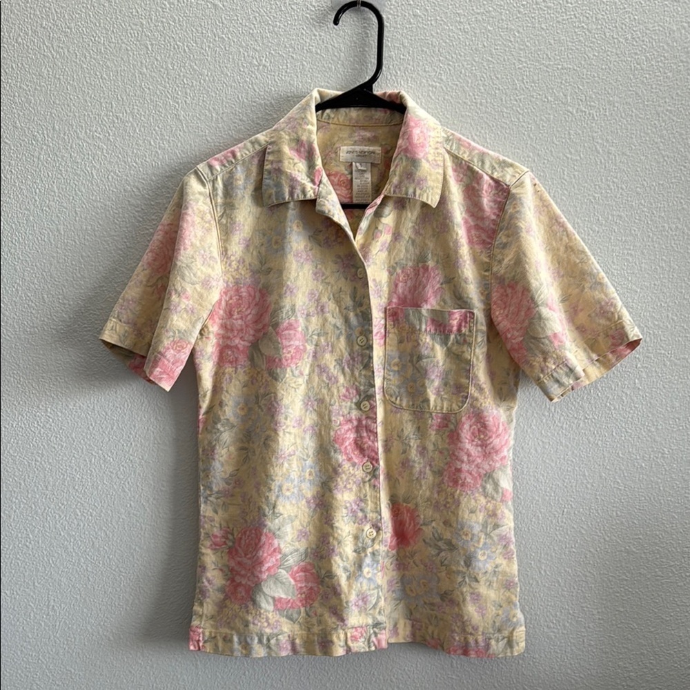 Jones New York Floral Linen Blend Vintage 90’s Style Button-Down Size Small